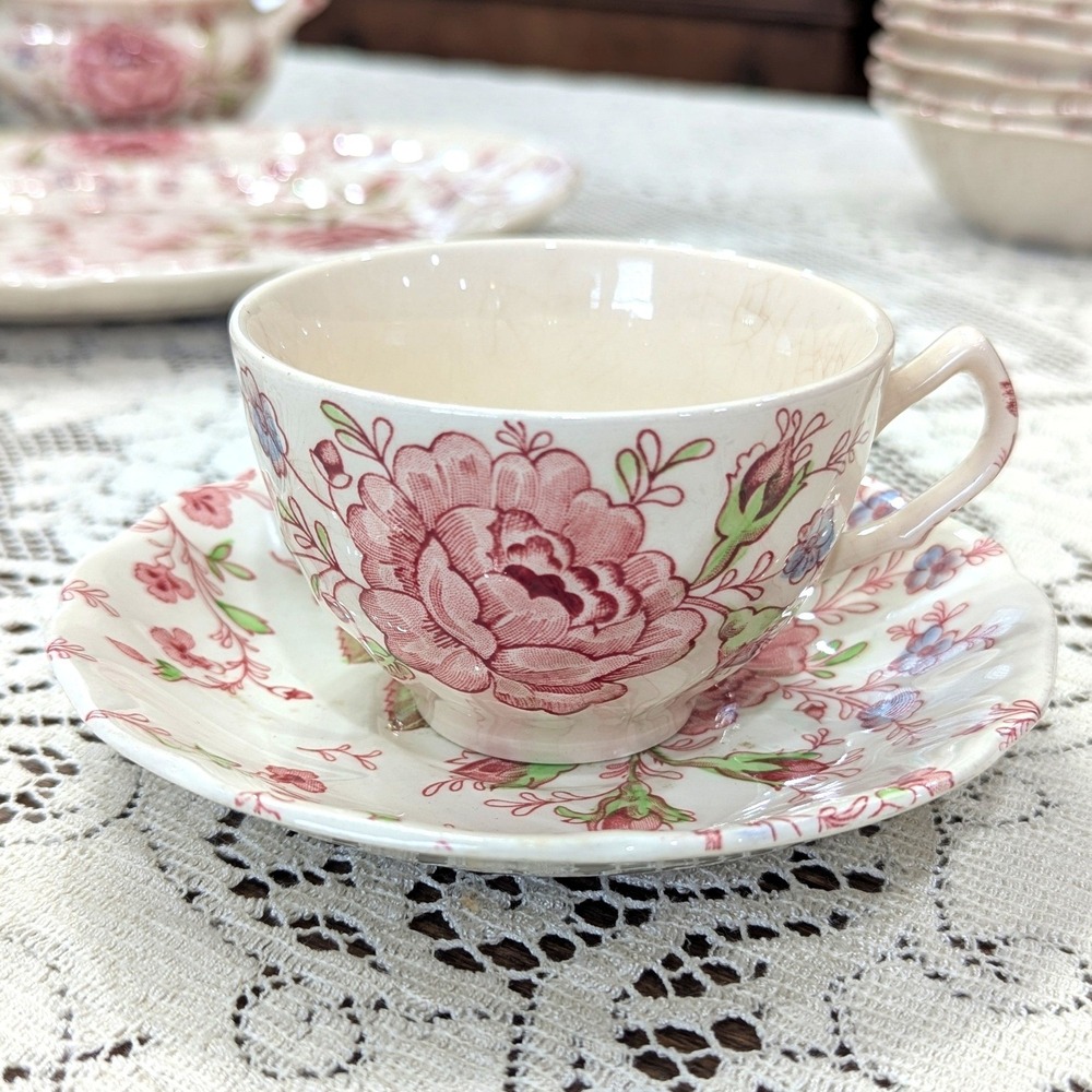 Vintage Tea Cup Saucer Set Pink Rose Chintz Johnson Bros England